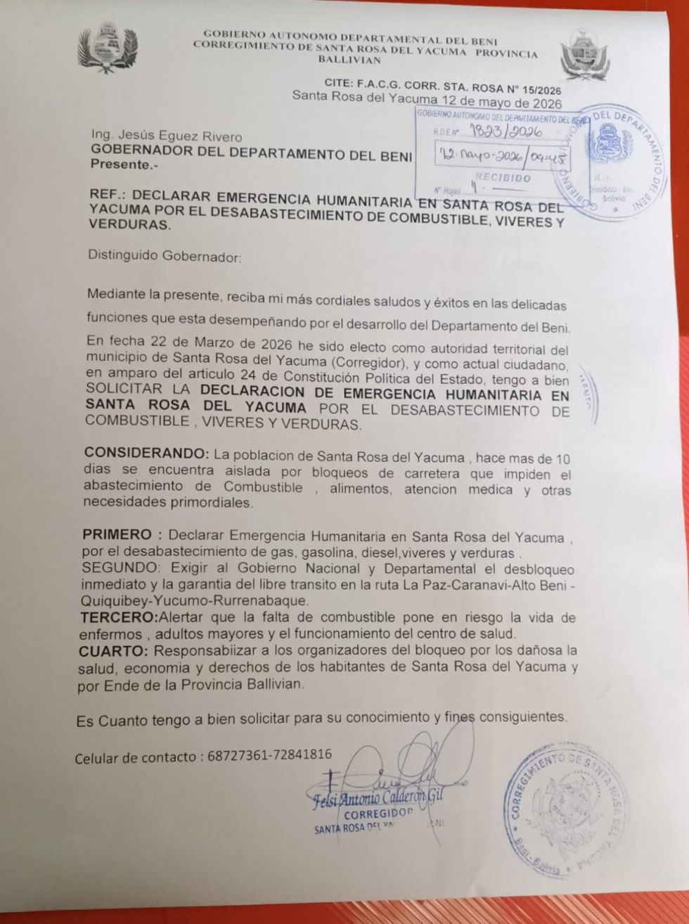 Bloqueos dejan aislada a Santa Rosa del Yacuma: solicitan emergencia humanitaria al gobernador del Beni
