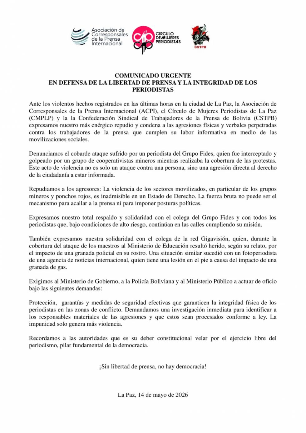 ​EN DEFENSA DE LA LIBERTAD DE PRENSA Y LA INTEGRIDAD DE LOS PERIODISTAS
