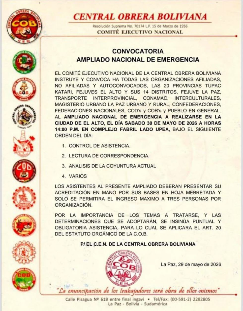 La COB convoca a un ampliado nacional de emergencia tras anulación de orden de aprehensión contra Mario Argollo