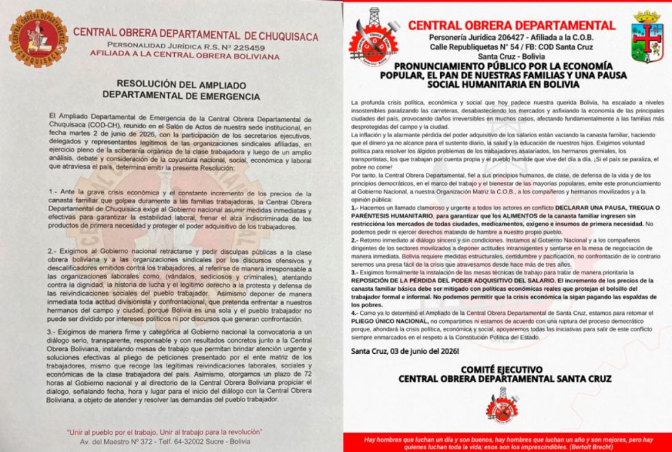 COD de Chuquisaca y Santa Cruz piden diálogo