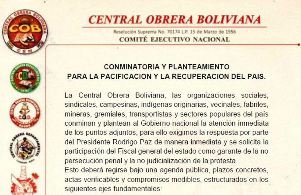 Descarga aquí el pliego conminatorio de la COB al Gobierno