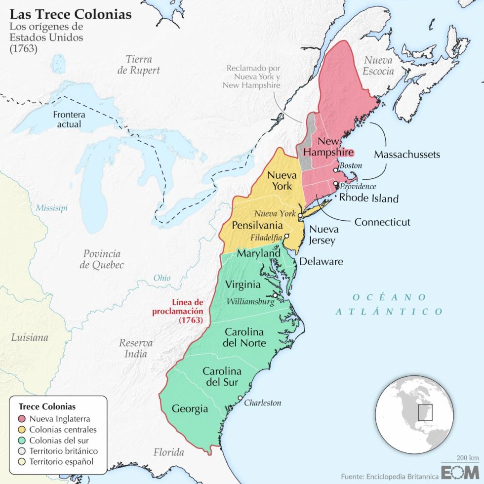 El mapa de las Trece Colonias, el germen de Estados Unidos