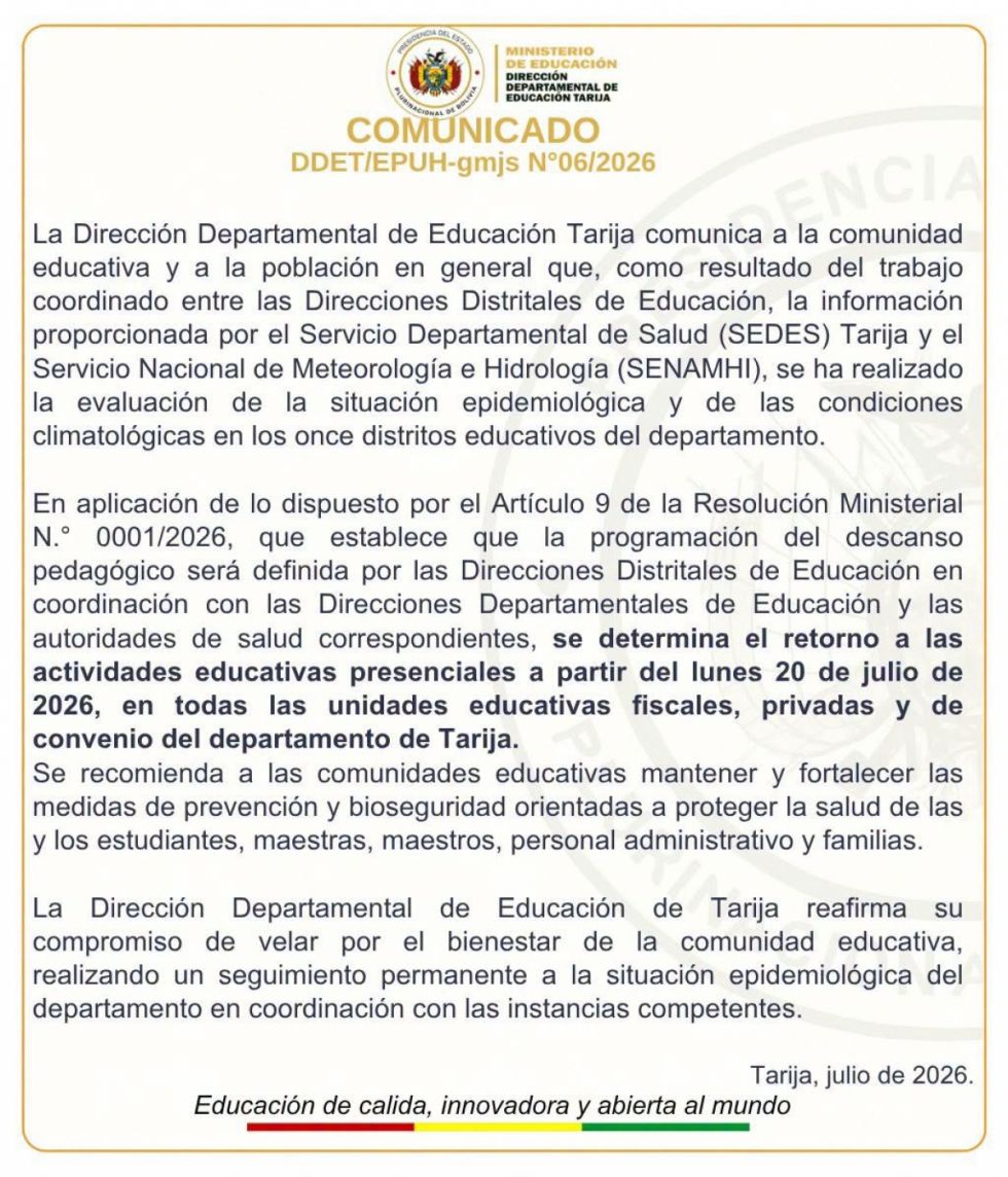 Comunicado de la Dirección Departamental de Educación
