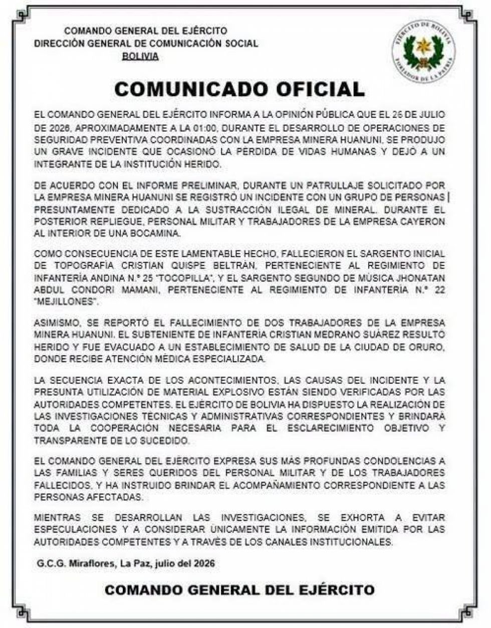 Ejército confirma cuatro fallecidos tras ataque en Huanuni