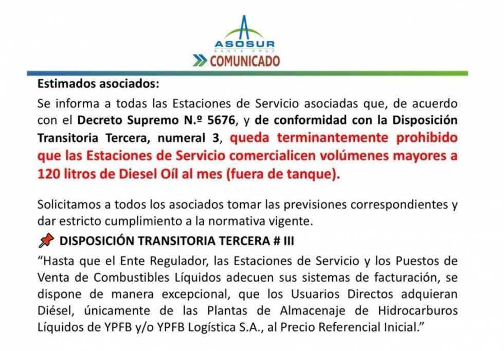 ASOSUR limita a 120 litros la venta de diésel fuera de tanque