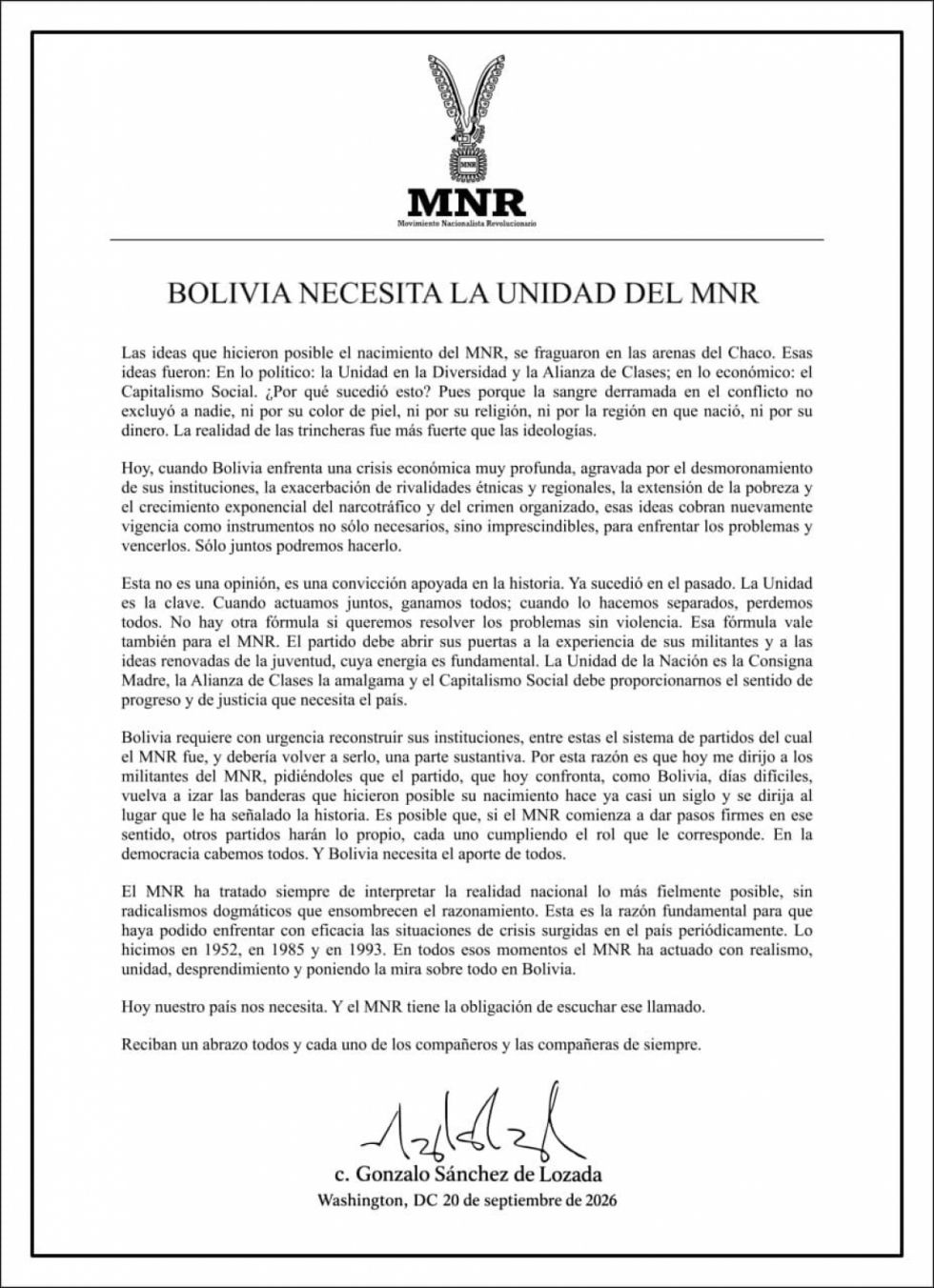 Sánchez de Lozada llama "a la unidad del MNR"