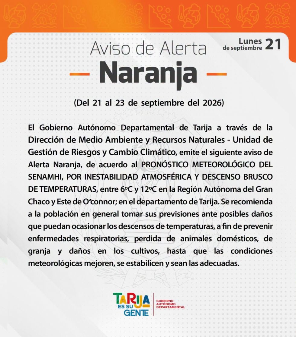 Tarija emite alerta naranja por descenso de temperaturas de hasta 12 grados en el Chaco y O’Connor