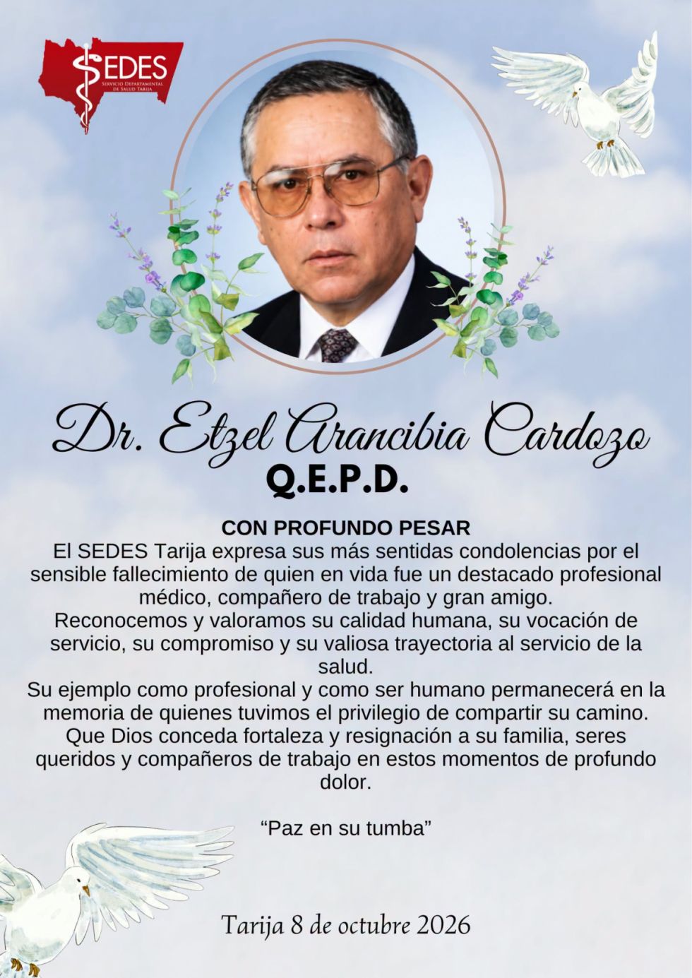 Fallece Etzel Arancibia, exdirector del Banco de Sangre de Tarija reconocido por su trayectoria